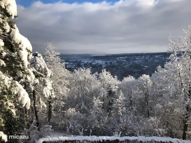 Le Soyeureux huren in België, Ardennen, Spa - landhuis / kasteel Uitzicht vanuit de slaapkamer op de bovenste verdieping. Privépark met een winterse sfeer - meestal in januari of februari - voor veel plezier met de kinderen.
