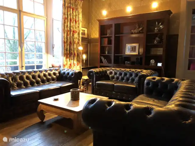 Le Soyeureux huren in België, Ardennen, Spa - landhuis / kasteel Gezellige salon met open haard voor een moment van rust en ontspanning.