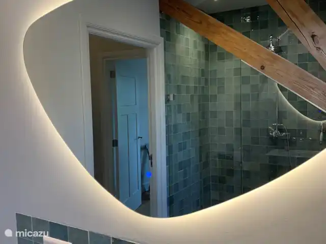Maison au calme dans une belle campagne | Pays-Bas, Hollande méridionale, Groot Ammers - ferme Salle de bain avec double vasque, un WC avec un siège en bois et une douche spacieuse avec un large jet et un siège