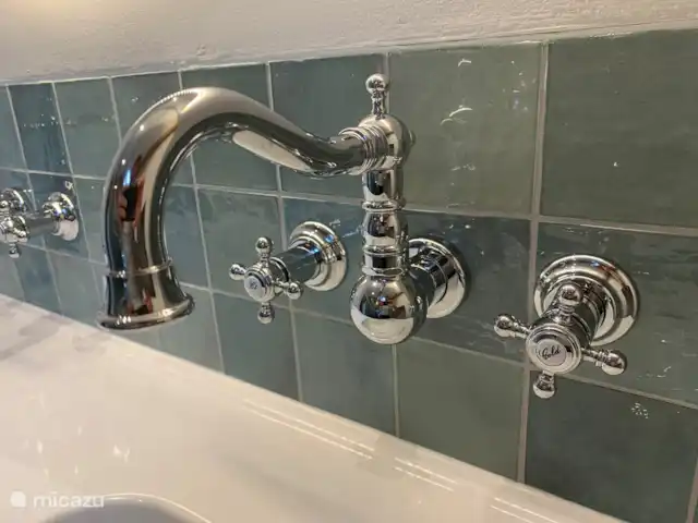 Maison au calme dans une belle campagne | Pays-Bas, Hollande méridionale, Groot Ammers - ferme Salle de bain avec double vasque, un WC avec un siège en bois et une douche spacieuse avec un large jet et un siège