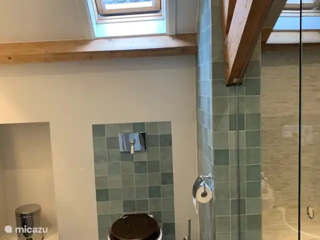 Maison au calme dans une belle campagne | Pays-Bas, Hollande méridionale, Groot Ammers - ferme Salle de bain avec double vasque, un WC avec un siège en bois et une douche spacieuse avec un large jet et un siège