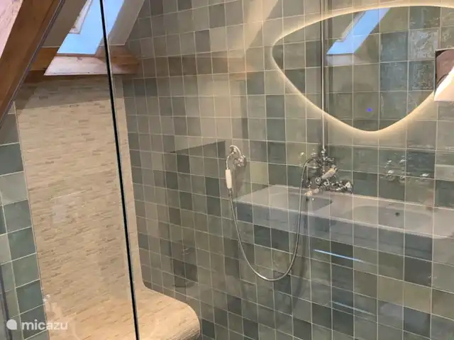 Maison au calme dans une belle campagne | Pays-Bas, Hollande méridionale, Groot Ammers - ferme Salle de bain avec double vasque, un WC avec un siège en bois et une douche spacieuse avec un large jet et un siège