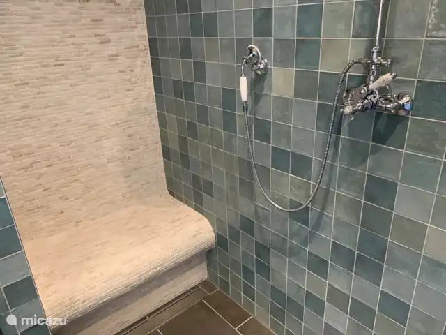 Maison au calme dans une belle campagne | Pays-Bas, Hollande méridionale, Groot Ammers - ferme Salle de bain avec double vasque, un WC avec un siège en bois et une douche spacieuse avec un large jet et un siège