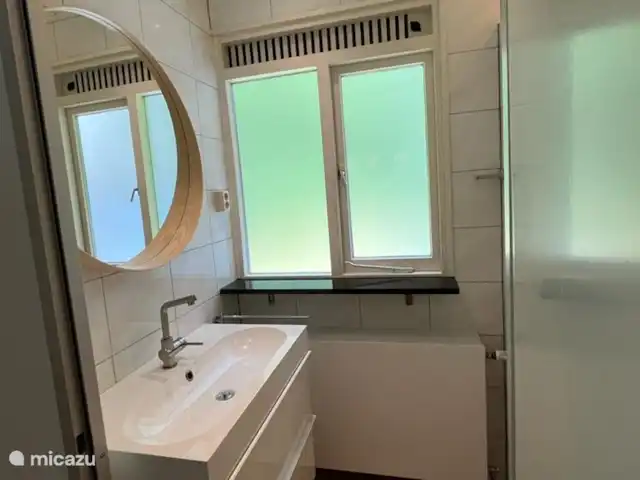 Casa del bosque Twente en Países Bajos, Overijssel, Denekamp - bungaló Baño reformado con amplios muebles de baño y bonita ducha.