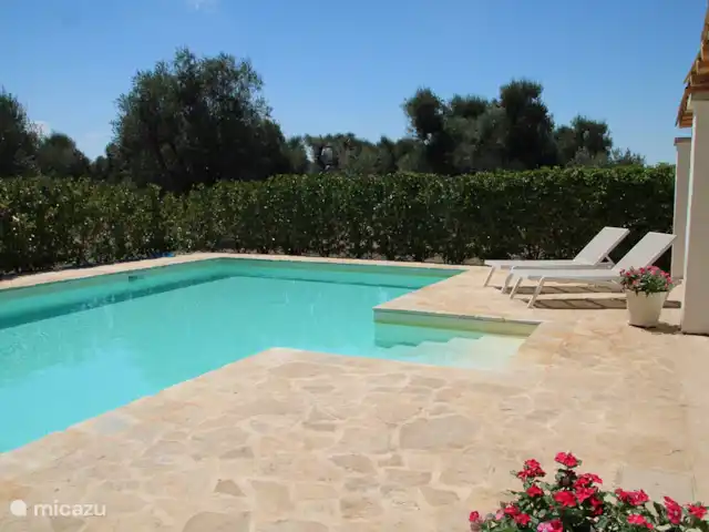 vakantiehuis huren in Italië, Apulië (Puglia), San Vito dei Normanni – Villa Pera - privé zwembad 10x5 m Het zwembad wordt omringd door veel groen, zoals olijfbomen, cactussen en enkele fruitbomen.