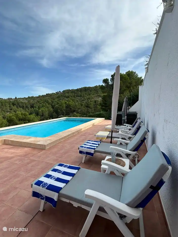 4 gro&#223;e Sonnenliegen mit Kissen auf der Terrasse und Esstischgarnitur