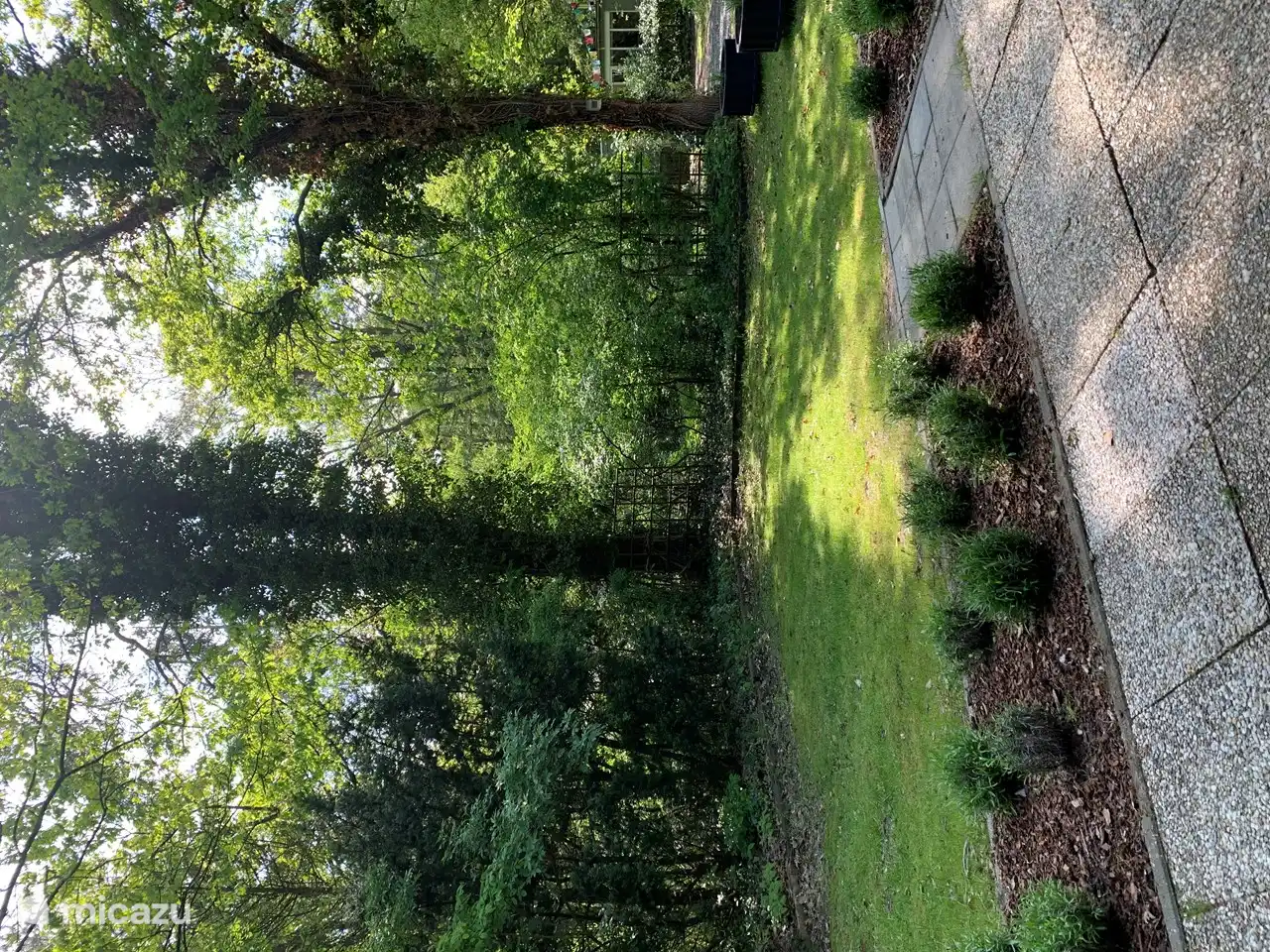 Der Vorgarten ist von einem weitläufigen Waldgarten umgeben und mitten im Grünen eingezäunt