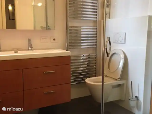 Cannobio-Lago Maggiore S.Carmine 1A en Italia, Piamonte, Carmine Inferiore - casa vacacional El baño con doble lavabo y armario con espejo, radiador, inodoro y la ducha a la derecha.
