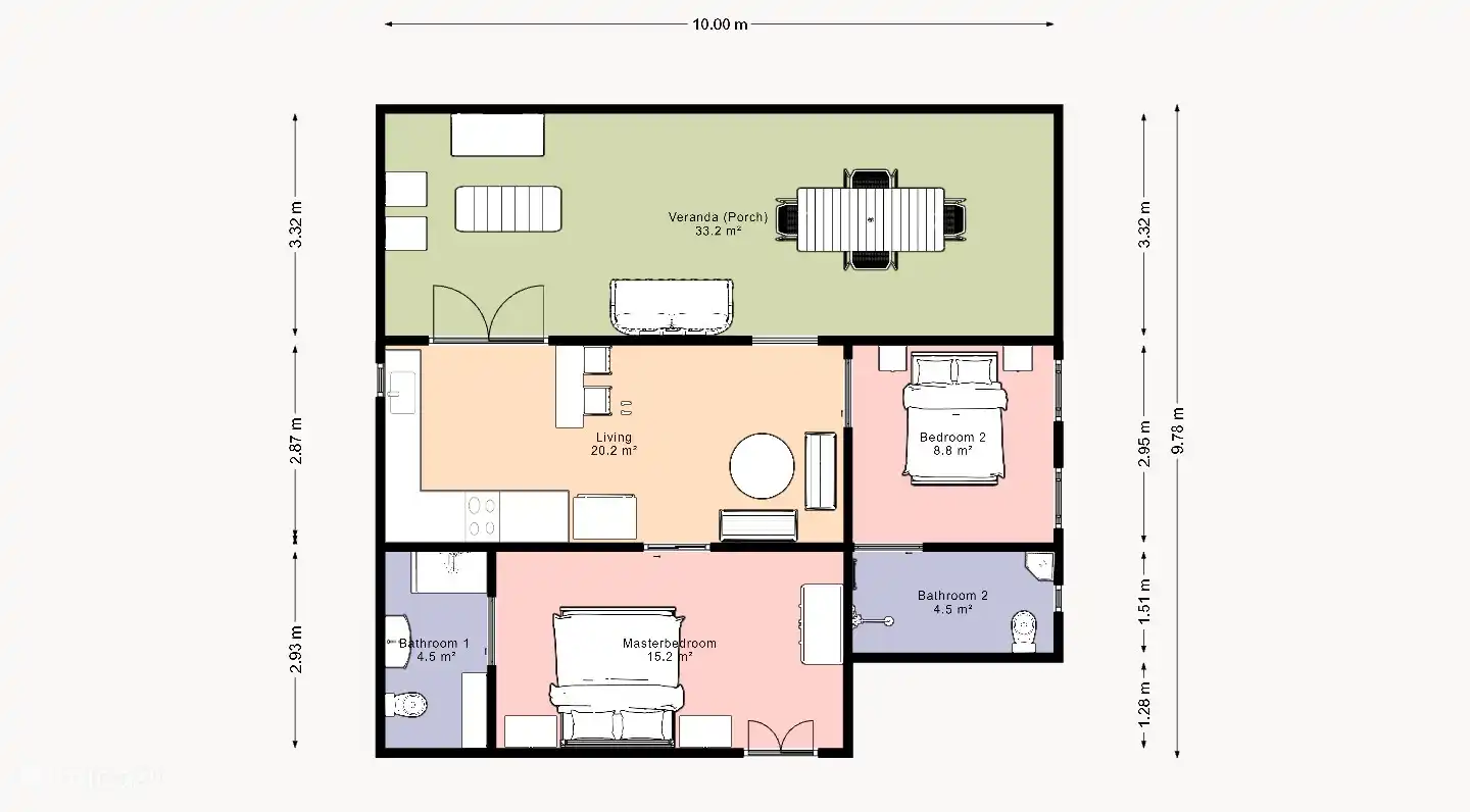 The terrace is indicated in green. Over the entire width of the holiday home. Zoom in for explanation.