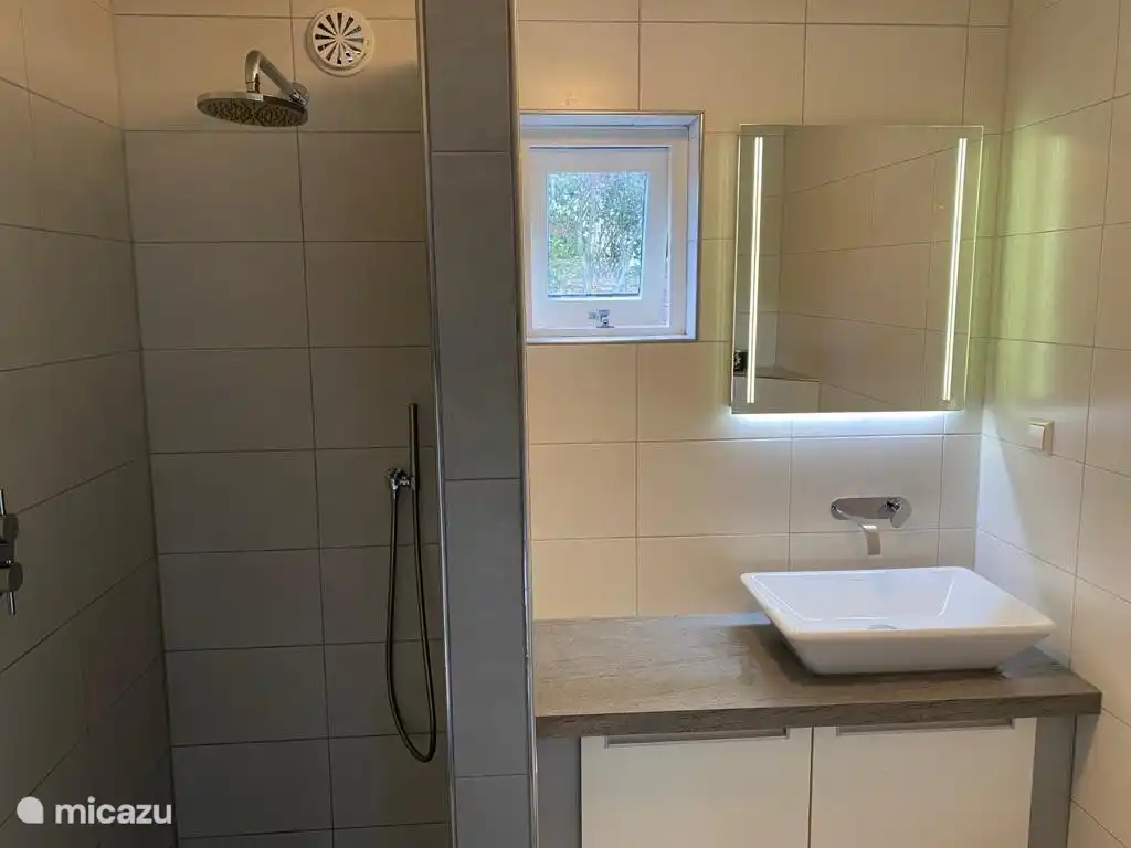 Luxurious bathroom with rain shower. On the first floor is a second toilet with washbasin.