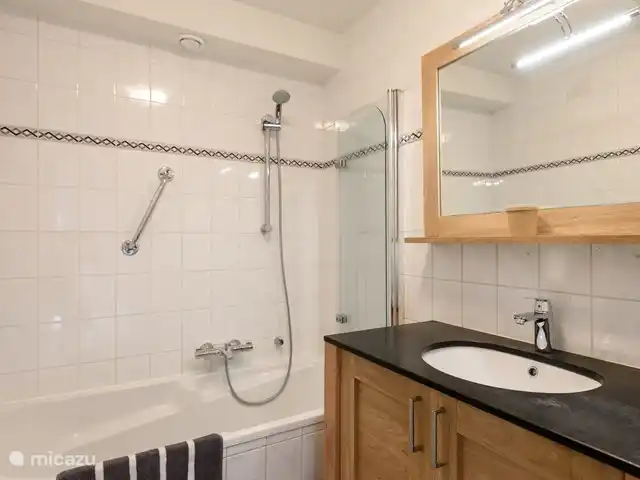 Maison de vacances Marianne | Pays-Bas, Gueldre, Lunteren - bungalow La salle de bain fraîche dispose d'un meuble vasque, d'une baignoire et d'une douche.