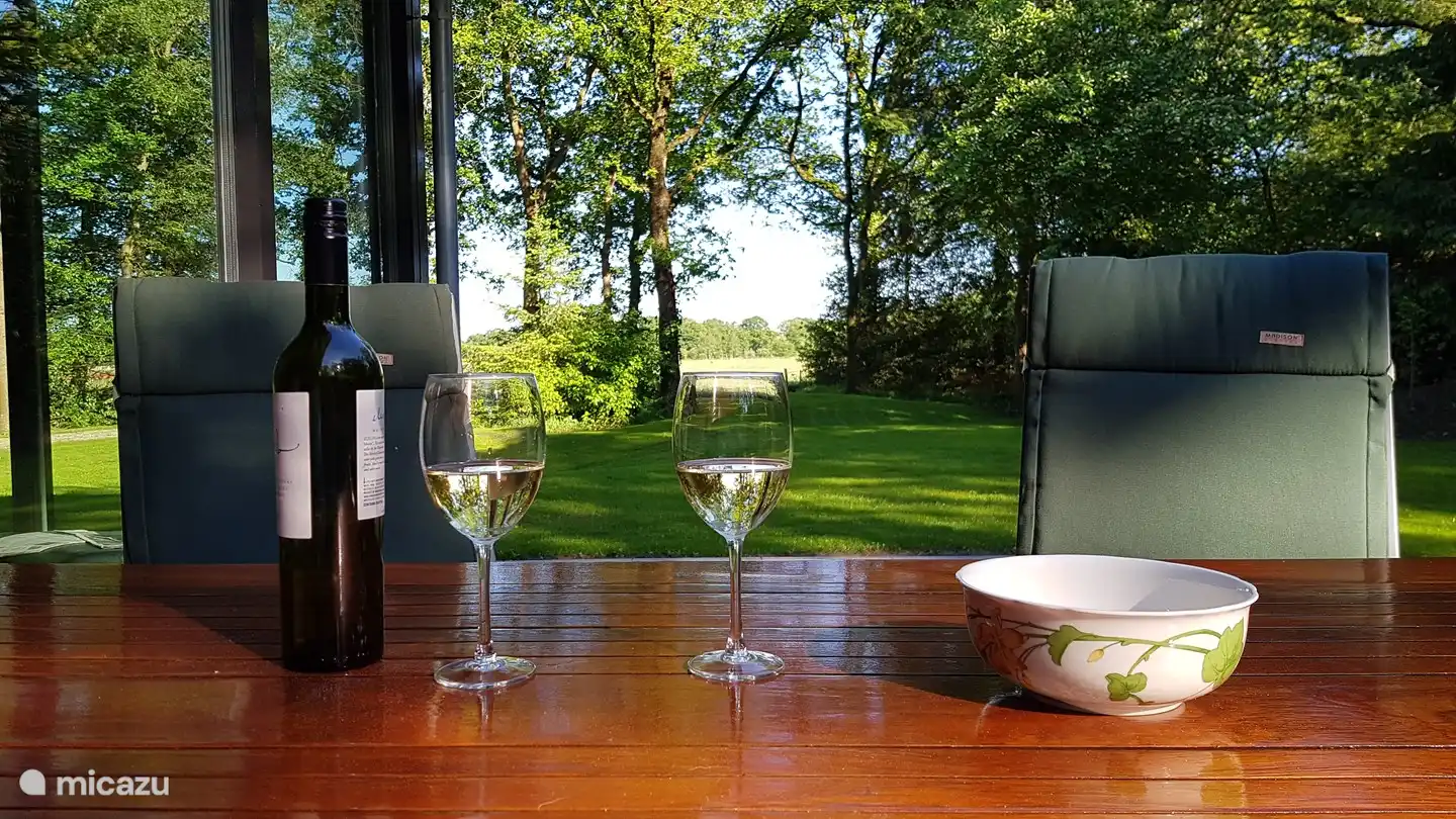 Blick auf die Vorderseite des Gartens mit Wiese der Drentse Landschap mit Kühen darin im Frühling bis Herbst