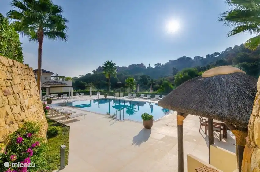 Heated outdoor pool with sunbeds