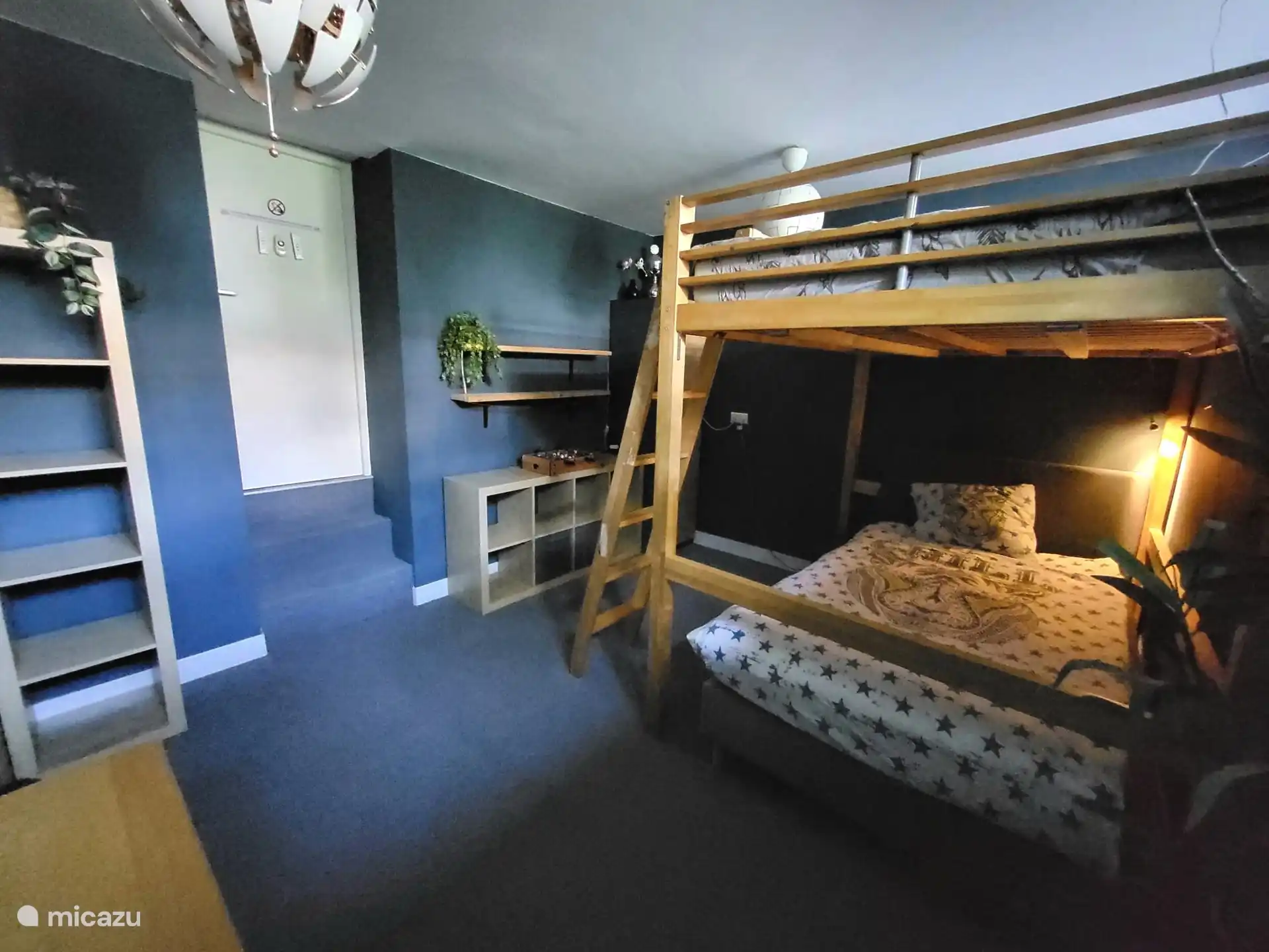 The bedroom in the basement with loft bed