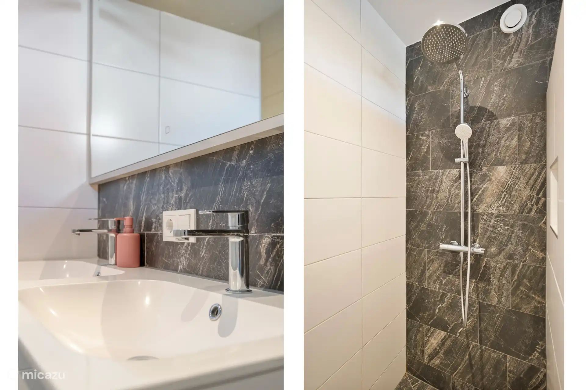 Douche à l’italienne de salle de bain et double lavabo