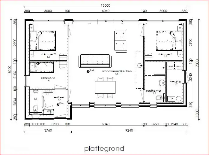 Grundriss des Hauses ohne einen freistehenden Schuppen für Ihre Fahrräder und Ihr Hab und Gut.