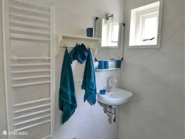 Location de Vacances Pays-Bas, Hollande du Nord, Hoogwoud, maison de vacances - Kloin maar Foin La salle de bain avec lavabo, douche et WC.