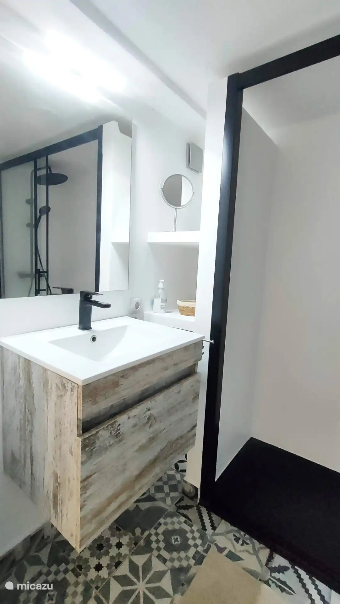 Grote inloopdouche met regendouchekop, toilet en wastafel op begane grond