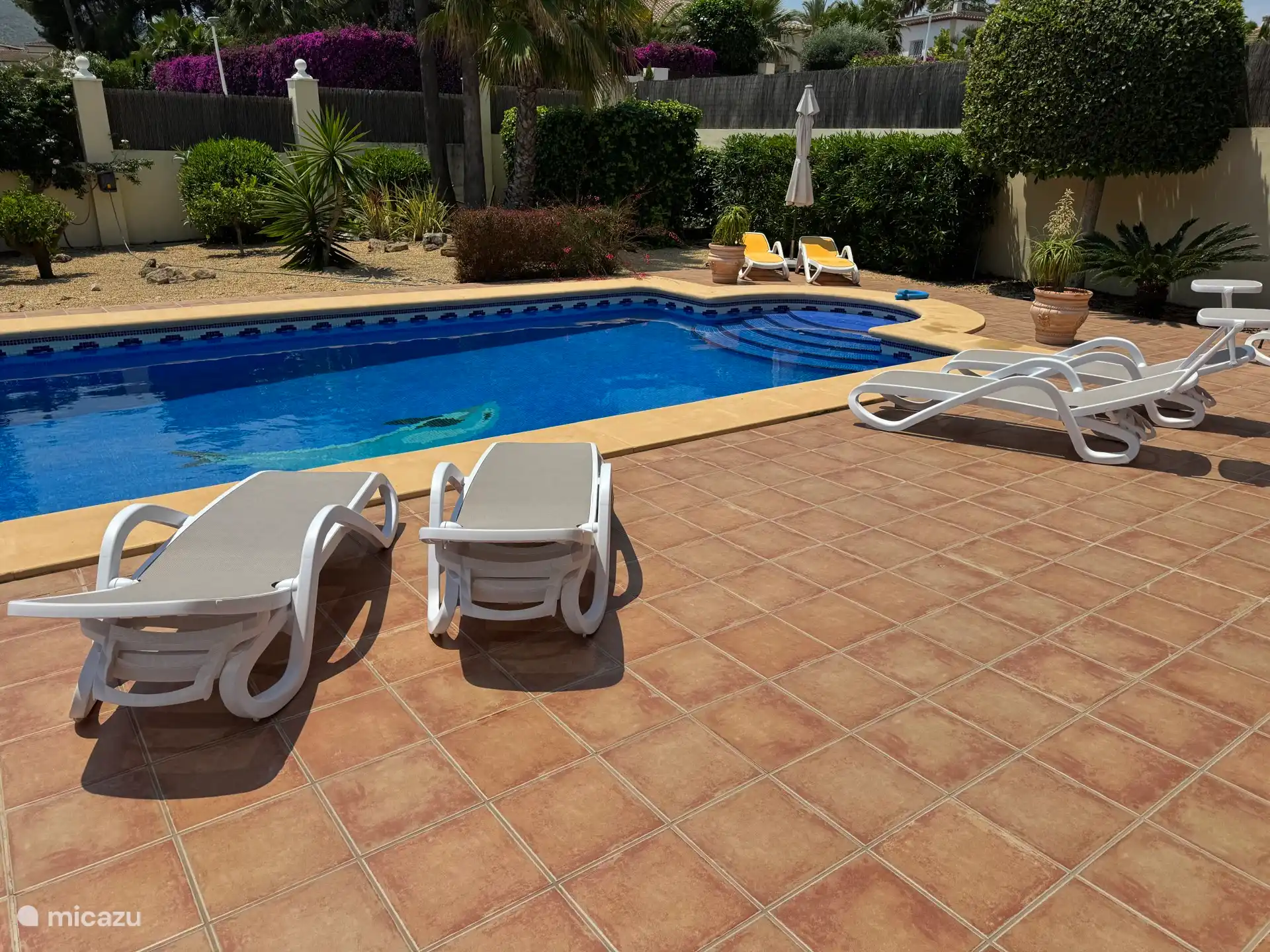 Schwimmbad mit Sonnenbetten. 