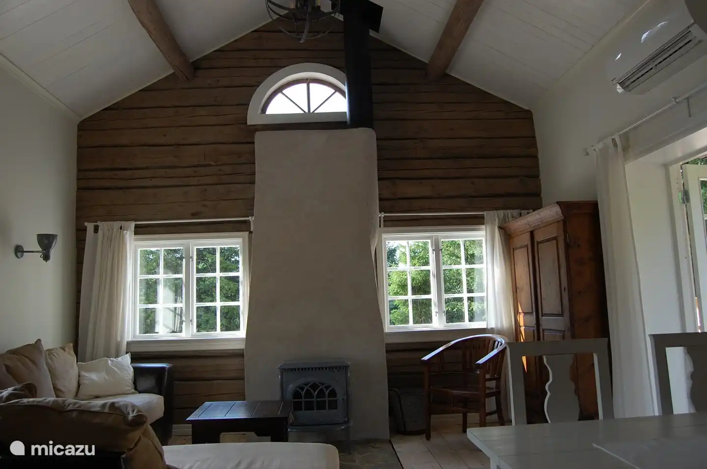 living room with wood stove