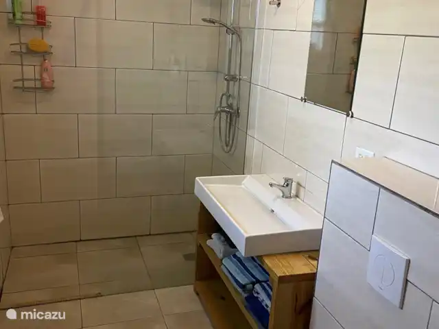 Villa confortable avec piscine privée | Curaçao, Banda Ariba (est), Seru Bottelier - villa La chambre 1 dispose d'une salle de bain adjacente avec douche à effet pluie, lavabo et toilettes.