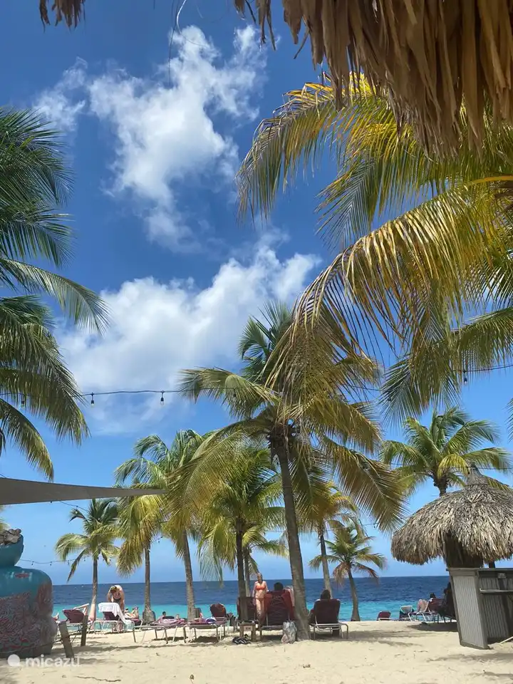 Der schöne Strand von Blue Bay mit kostenlosen Sonnenliegen