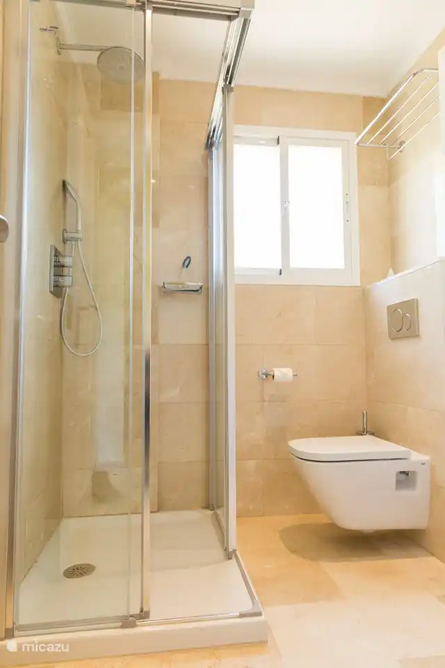 Das zweite Badezimmer mit begehbarer Dusche, Toilette und Waschbecken