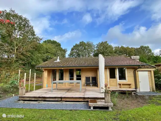 La cabane en rondins | Pays-Bas, Gueldre, Eibergen - cabane en bois / lodge La jolie terrasse de plus de 25m2 avec un grand parasol flottant