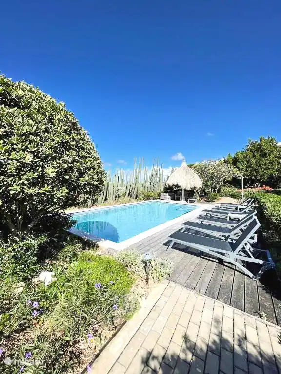 Piscina delante de la puerta con tumbonas y ducha.