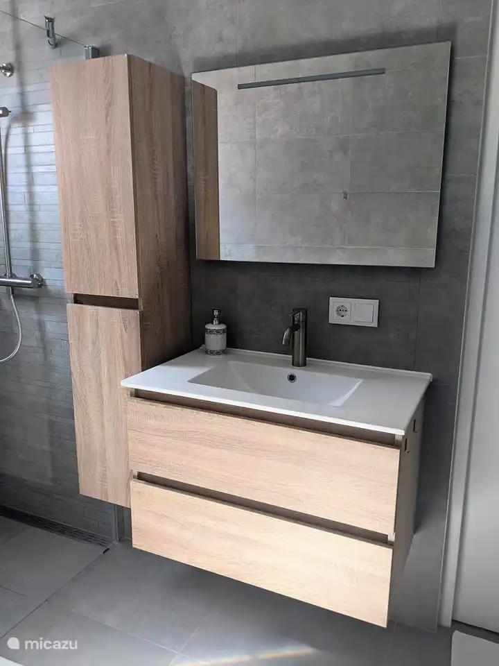 Badezimmer (1) mit Waschbecken, ebenerdiger Regendusche und WC