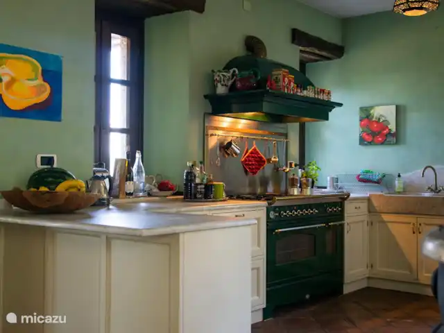 Casa Dolce Vista | Italie, Piémont, Monastero Bormida - maison de vacances Le grand poêle italien avec 2 fours et beaucoup d'espace de travail pour un grand groupe.