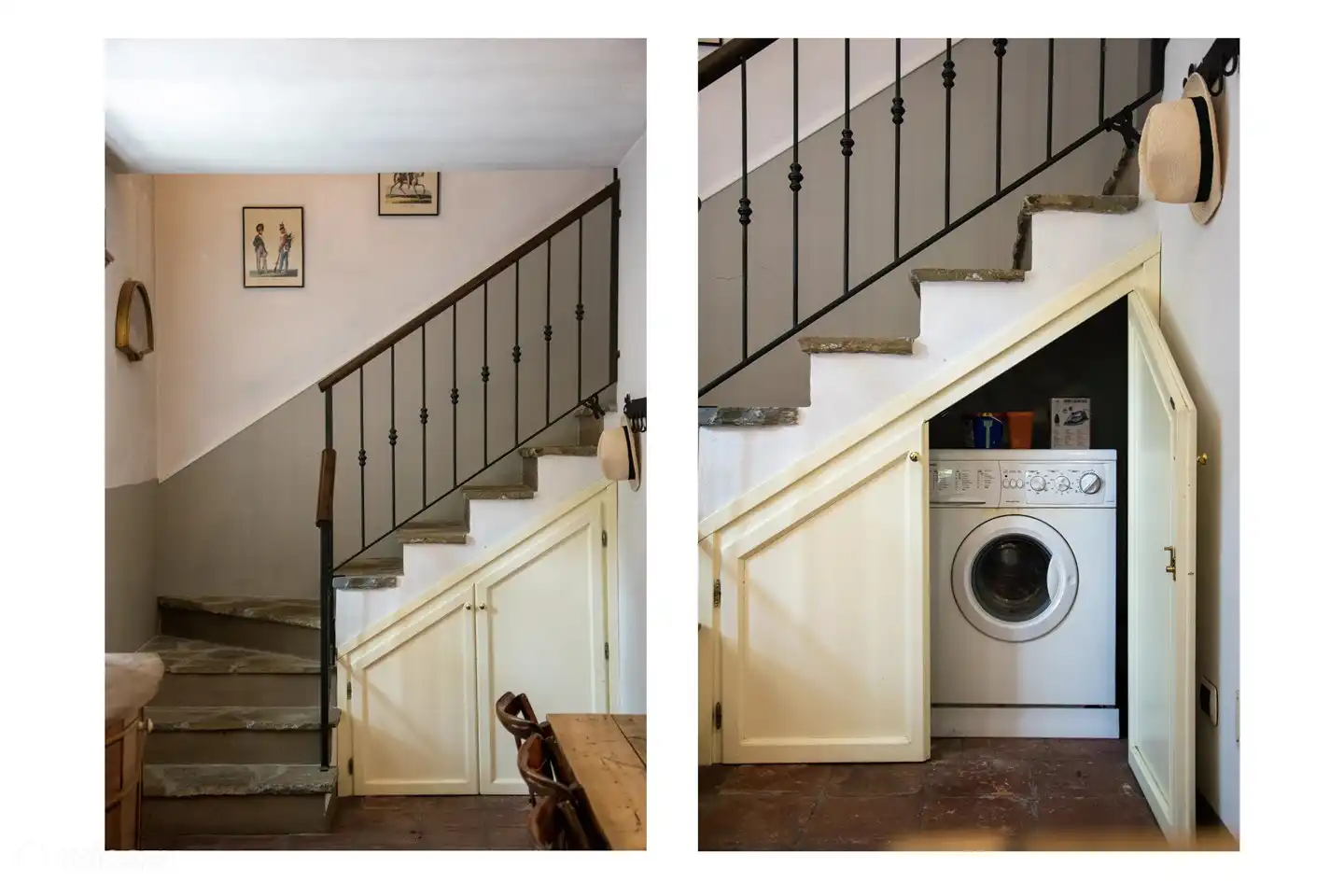 Waschmaschine unter der Treppe.