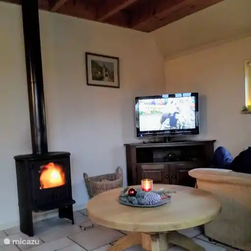 Sitzecke mit TV und Holzofen