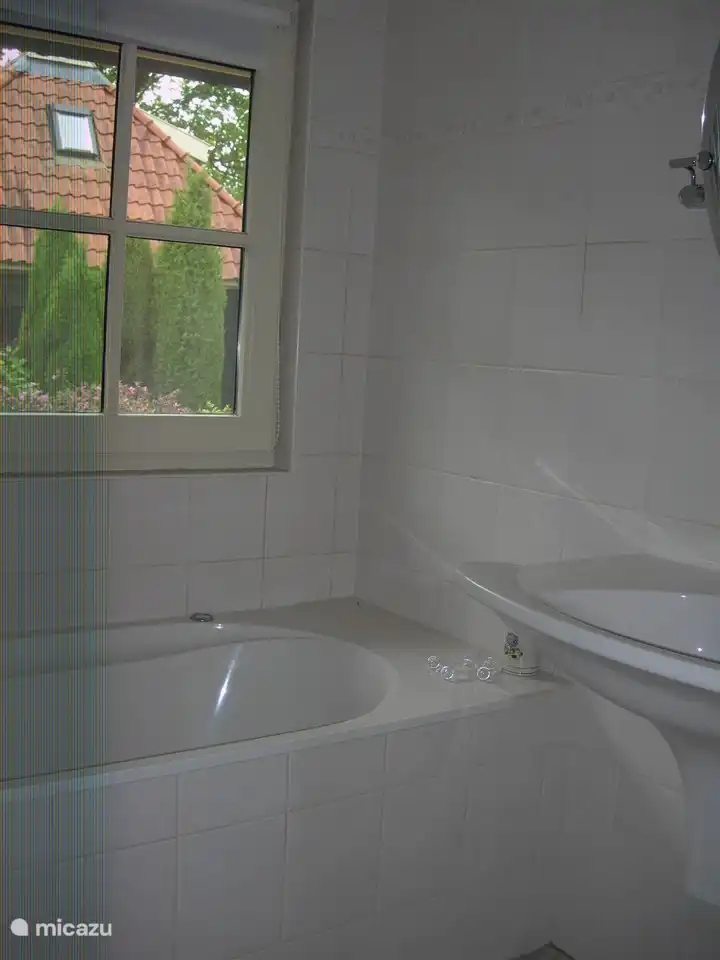 Badwanne und Dusche in einem, Waschbeckenspiegel und Unterschrank