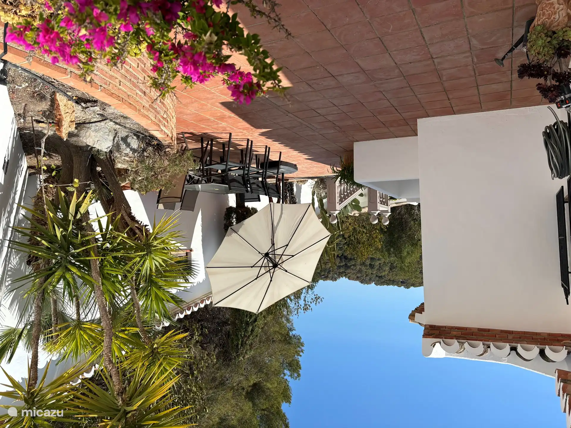 Es ist schön, auf der richtigen Terrasse im Schatten des Sonnenschirms zu Mittag zu essen