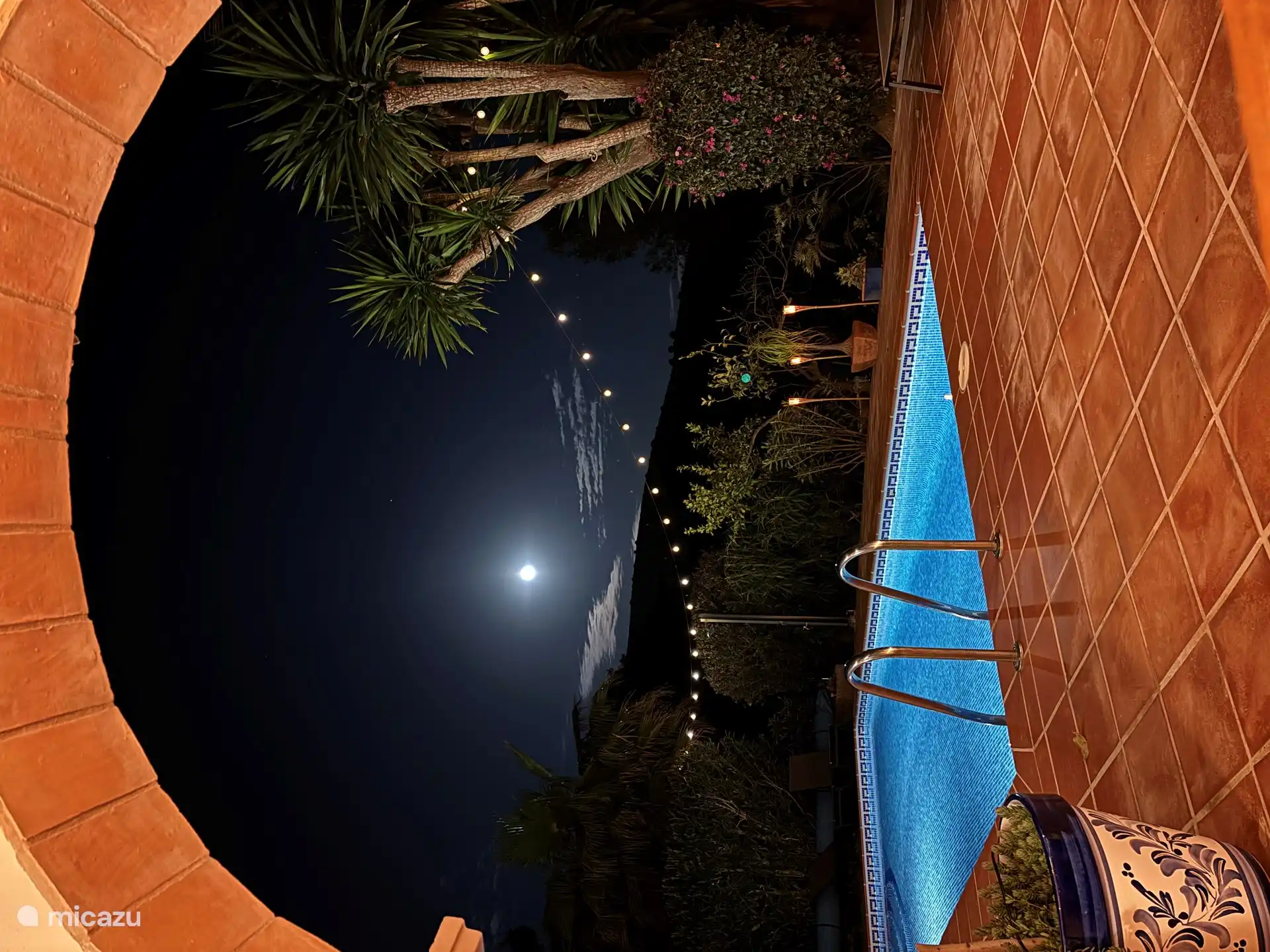 Der Garten ist gemütlich beleuchtet