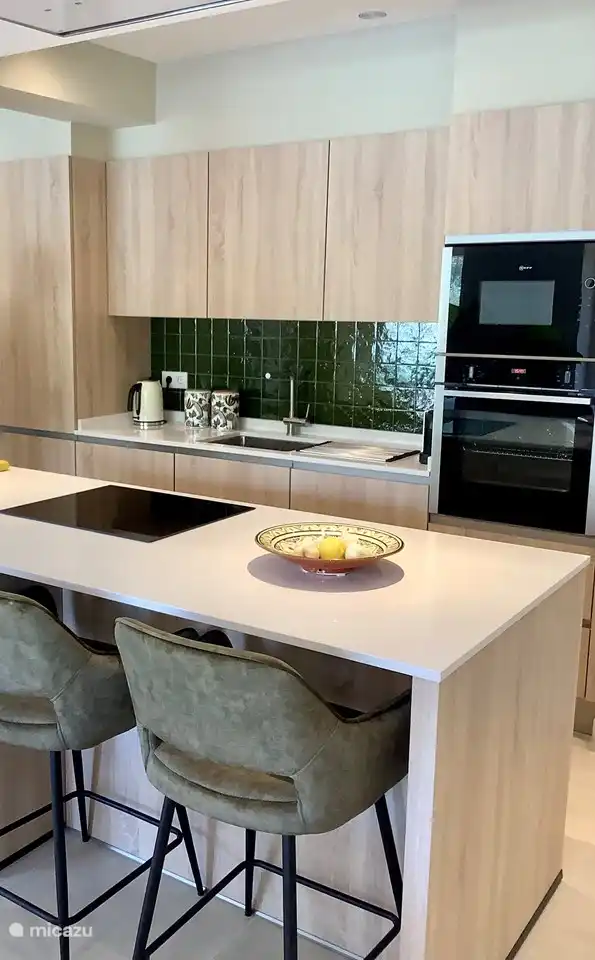 Cuisine ouverte avec îlot de cuisson et hotte aspirante. Lave-vaisselle. Réfrigérateur à vin