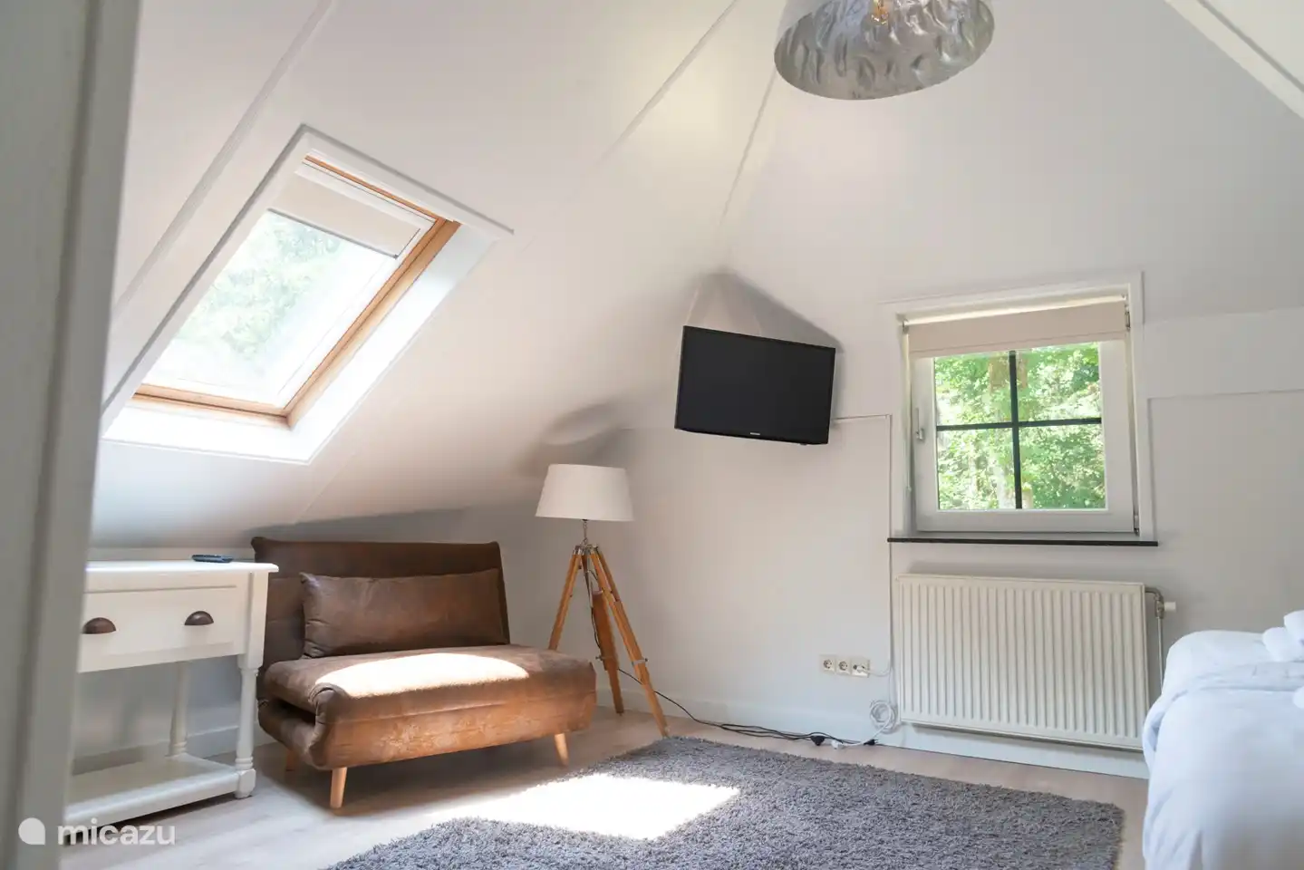 Braunes Schlafzimmer mit Fernseher auf der Rückseite des Hauses.