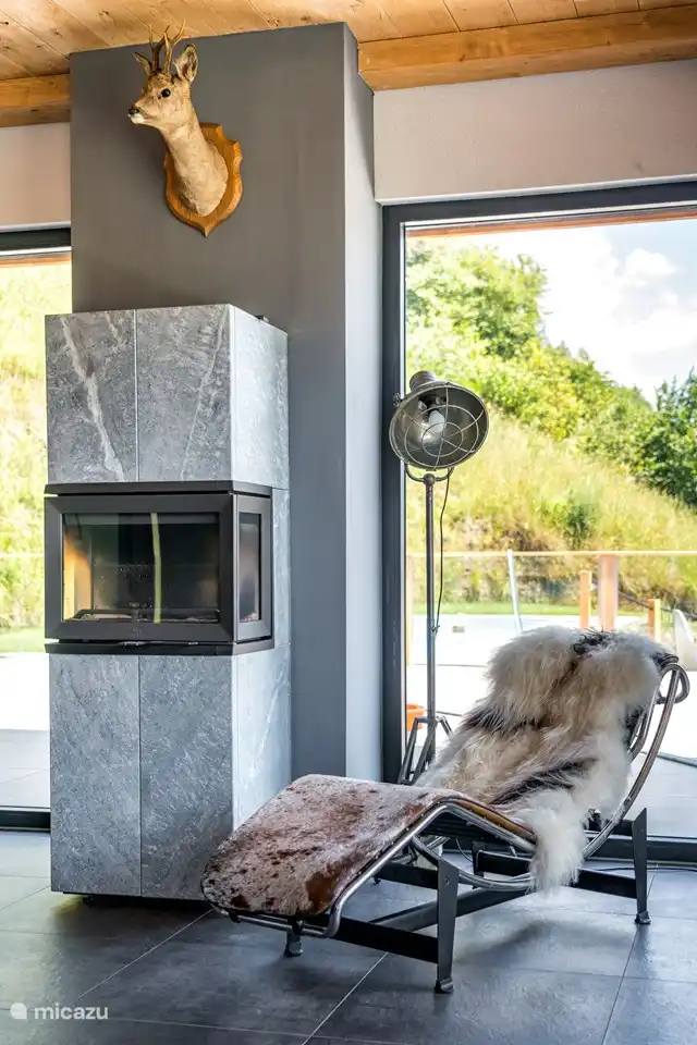 Dans le salon, il y a deux chaises longues luxueuses à côté de la cheminée (bois fourni) et de la lampe.