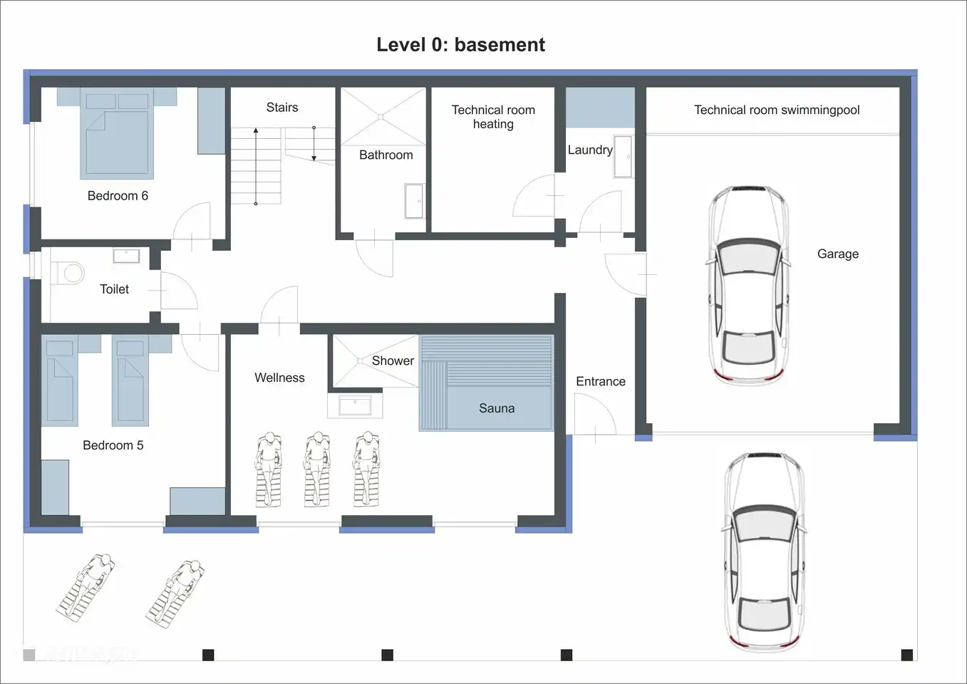 Plan du rez-de-chaussée avec garage, sauna infrarouge (y compris lavabo/douche), salle de bain séparée, WC séparé et 2 chambres doubles et buanderie.