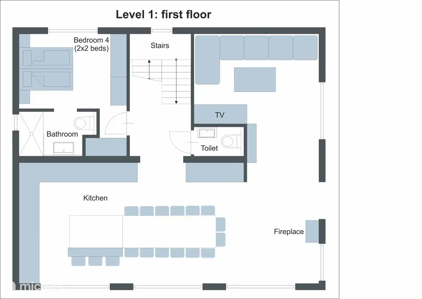 Plan d'étage 1er étage avec grande cuisine de luxe, séjour, chambre 4 personnes avec salle de bain, WC séparé. Accès également à une grande terrasse et (en été) piscine.
