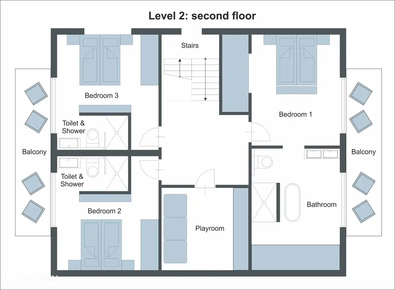Plan d'étage 2e étage avec chambre principale (avec balcon) et grande salle de bain luxueuse avec baignoire, douche, lavabo et toilette. Deux chambres doubles avec salle de bain privée (douche, WC et lavabo) et aussi un balcon. Salle de jeux (salle de jeux)