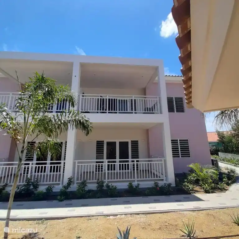 Die Wohnung befindet sich im rosa Gebäude.