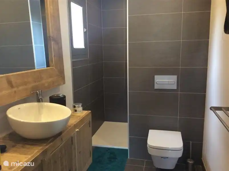 Badezimmer-Anbau Hauptschlafzimmer: Waschbecken, Toilette und begehbare Dusche