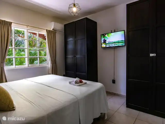 Chicos Seru Hulanda Resort en Curazao, Curazao Centro, Abrahamsz - apartamento Dormitorio con cama king-size, aire acondicionado y smart TV y baño contiguo.