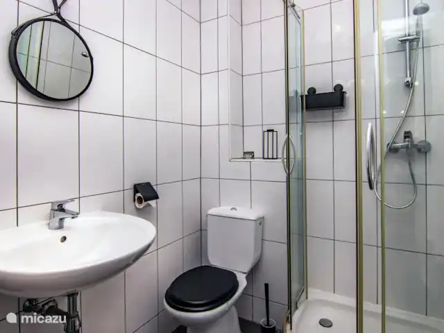 Chicos Seru Hulanda Resort en Curazao, Curazao Centro, Abrahamsz - apartamento Desde su dormitorio, accede al baño contiguo con ducha, lavabo e inodoro.