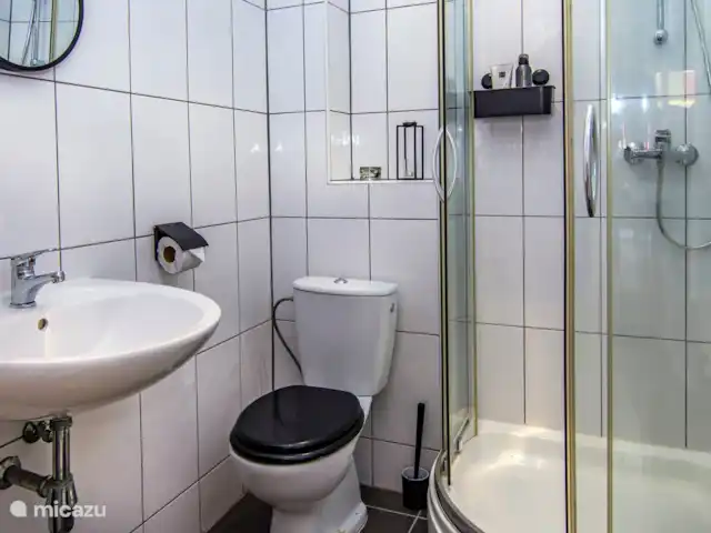 Chicos Seru Hulanda Resort en Curazao, Curazao Centro, Abrahamsz - apartamento Desde el dormitorio 2 se accede al baño contiguo con ducha, inodoro y lavabo.