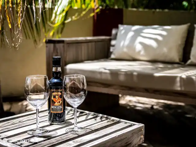 Chicos Seru Hulanda Resort en Curazao, Curazao Centro, Abrahamsz - apartamento La terraza 2 en la parte trasera está equipada con un salón, aquí puede sentarse bajo las palmeras a la sombra.