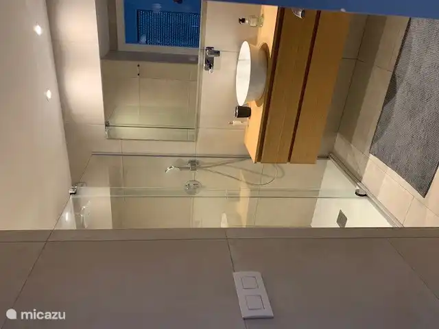 Badkamer 1 met inloopdouche en toilet. 