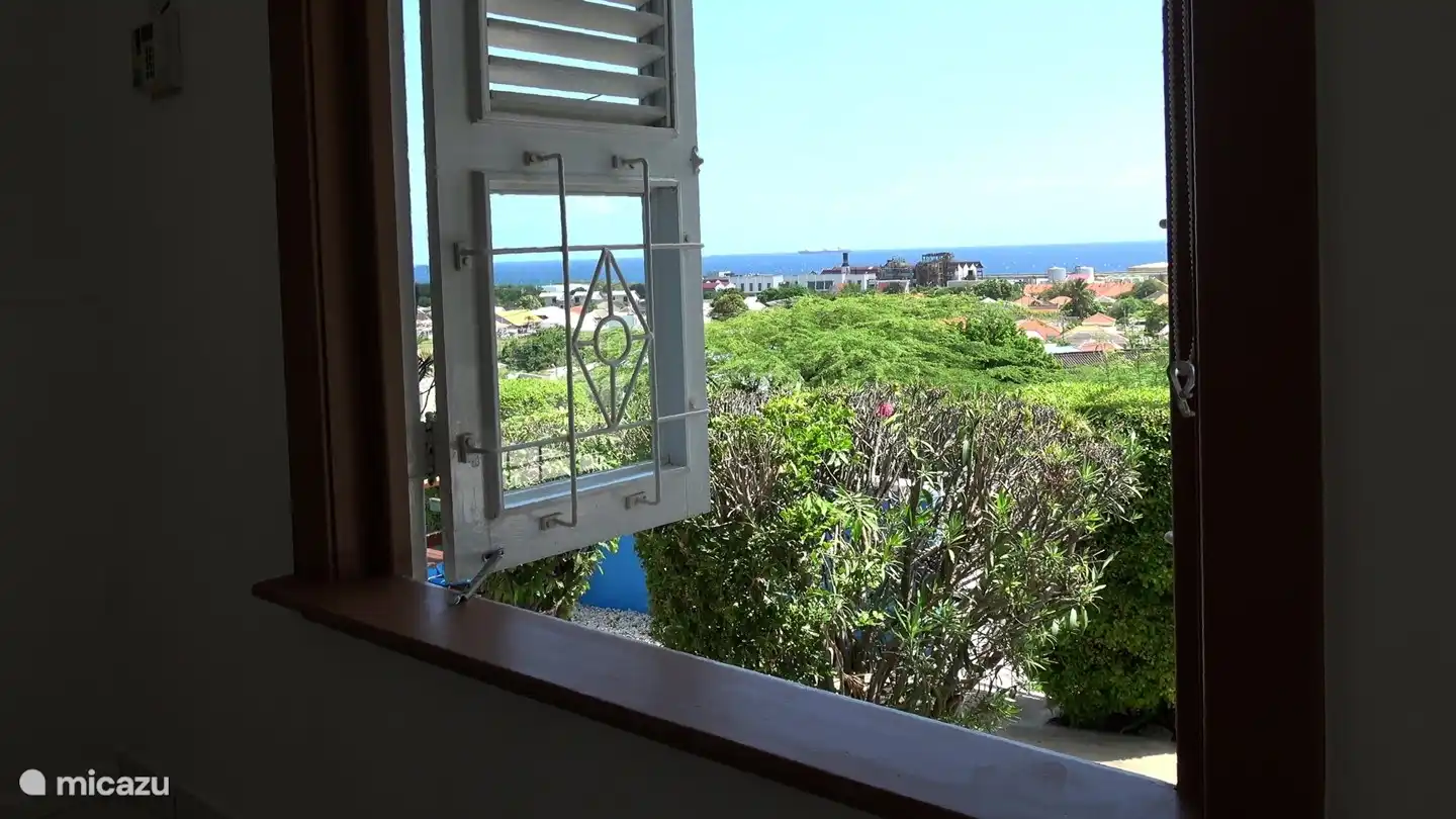 Vue depuis la fenêtre avant du salon donnant sur la cour avant et l'océan.